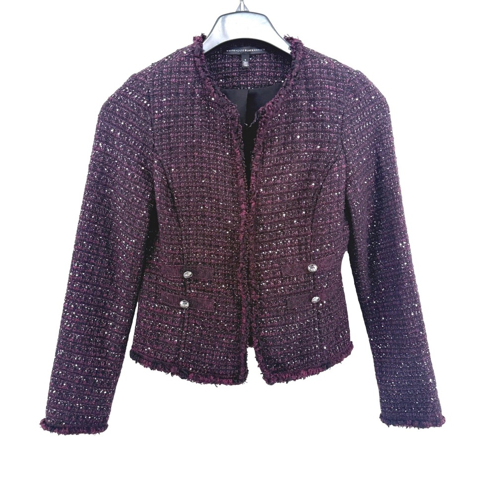 White House Black Market Jacket Womens 2 Pre-Owned Tweed Burgundy Sequin Frayed